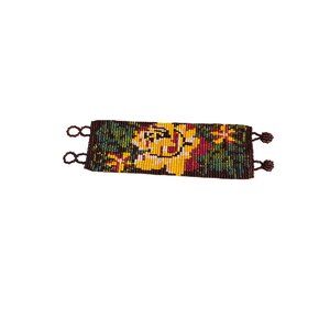 Seed Bead Maya Bracelet Flower Design Handmade Button 6.5" 7" Black Yellow